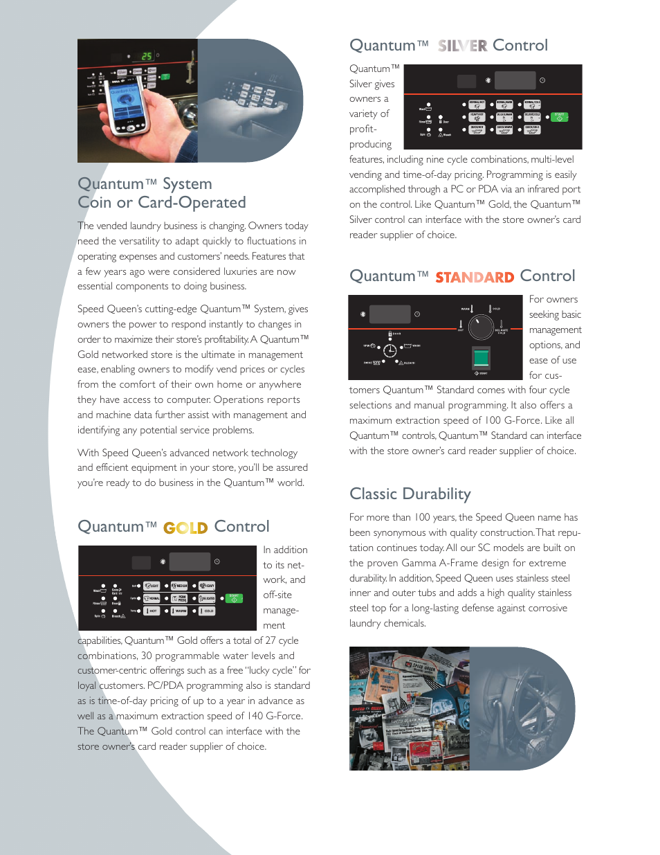 Quantum, Silver control, Standard control | Classic durability, System coin or card-operated, Gol control | Quantum Washer User Manual | Page 2 / 4