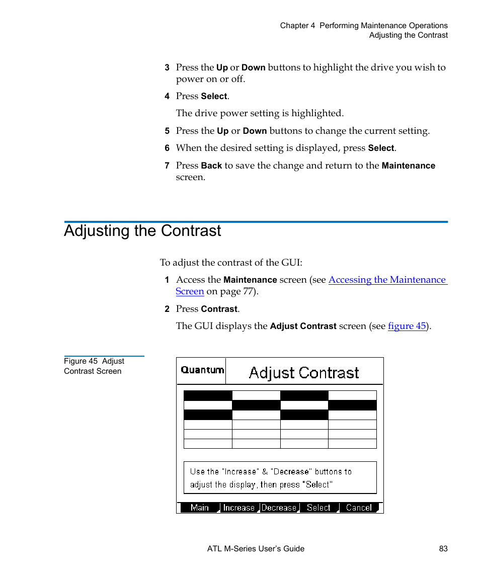 Adjusting the contrast, Figure 45 adjust contrast screen | Quantum ATL M-Series User Manual | Page 101 / 222