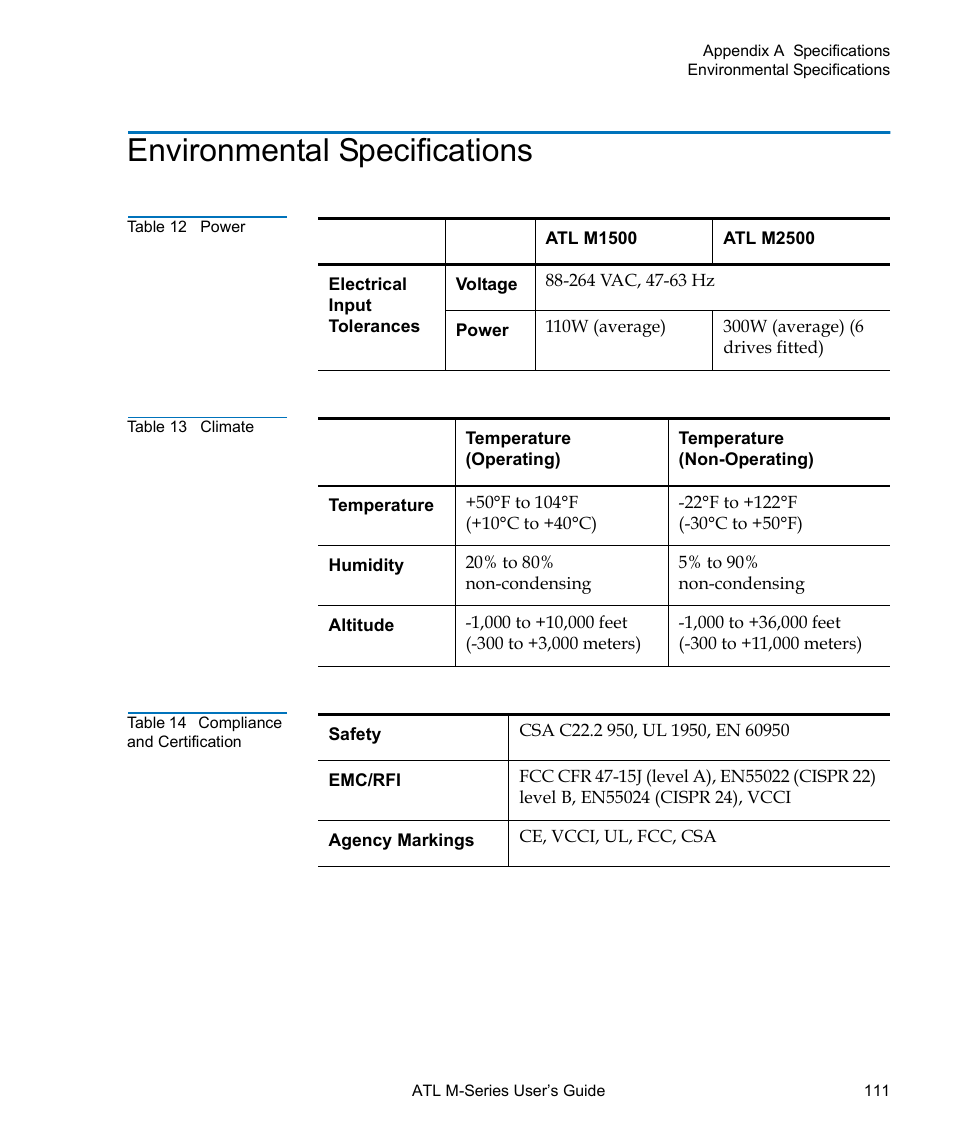 Environmental specifications, Table 12, Power | Table 13, Climate, Table 14, Compliance and certification | Quantum ATL M-Series User Manual | Page 129 / 222