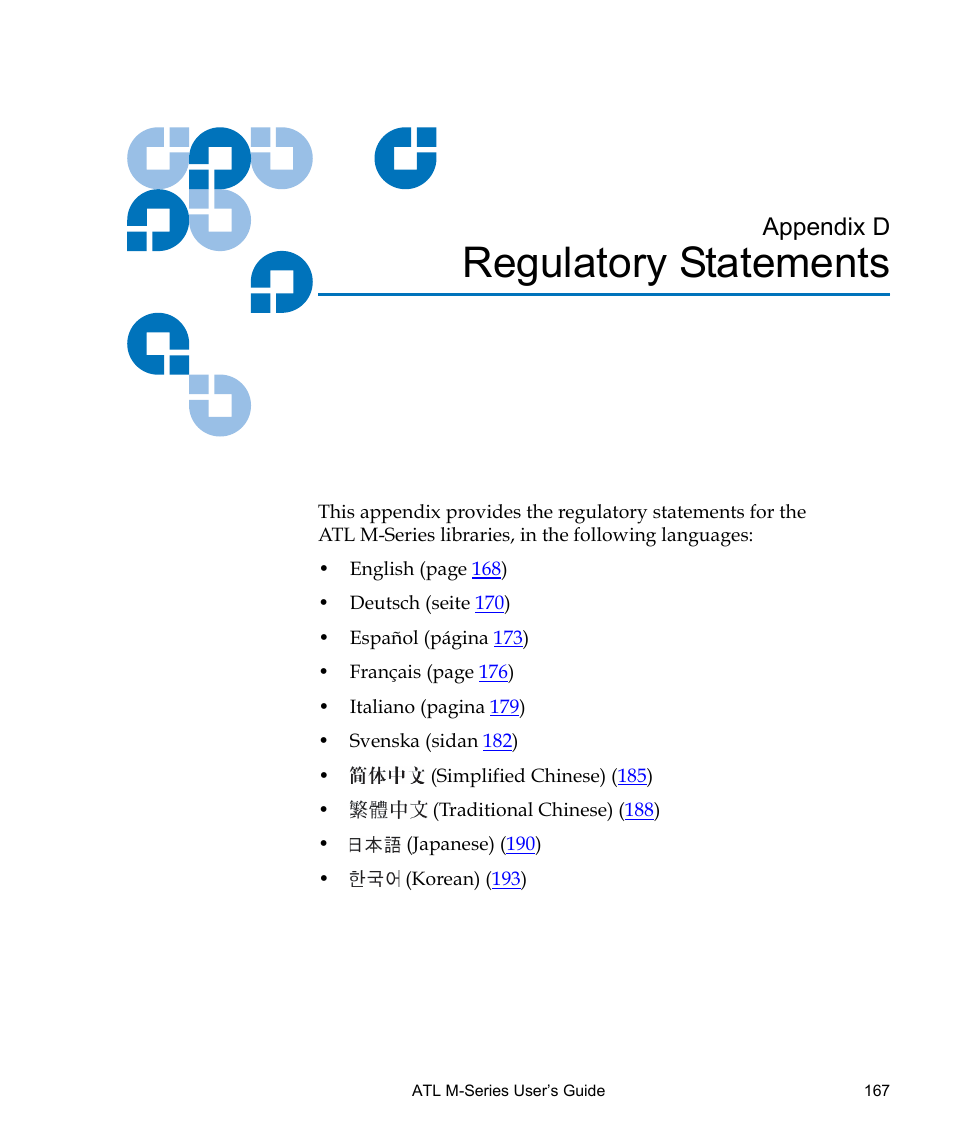 Regulatory statements, Appendix d, Appendix d, regulatory statements | Quantum ATL M-Series User Manual | Page 185 / 222