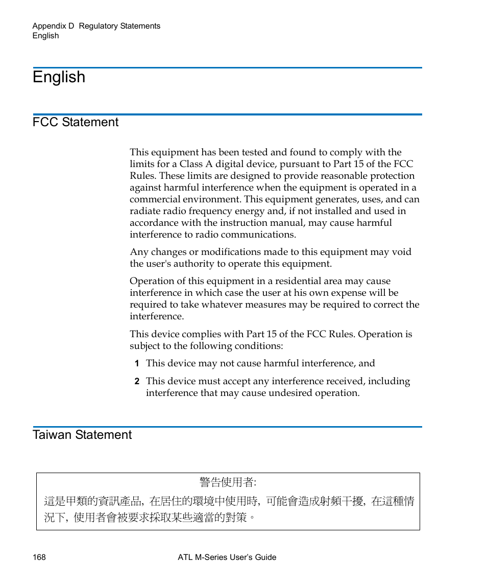 English, Fcc statement, Taiwan statement | Quantum ATL M-Series User Manual | Page 186 / 222