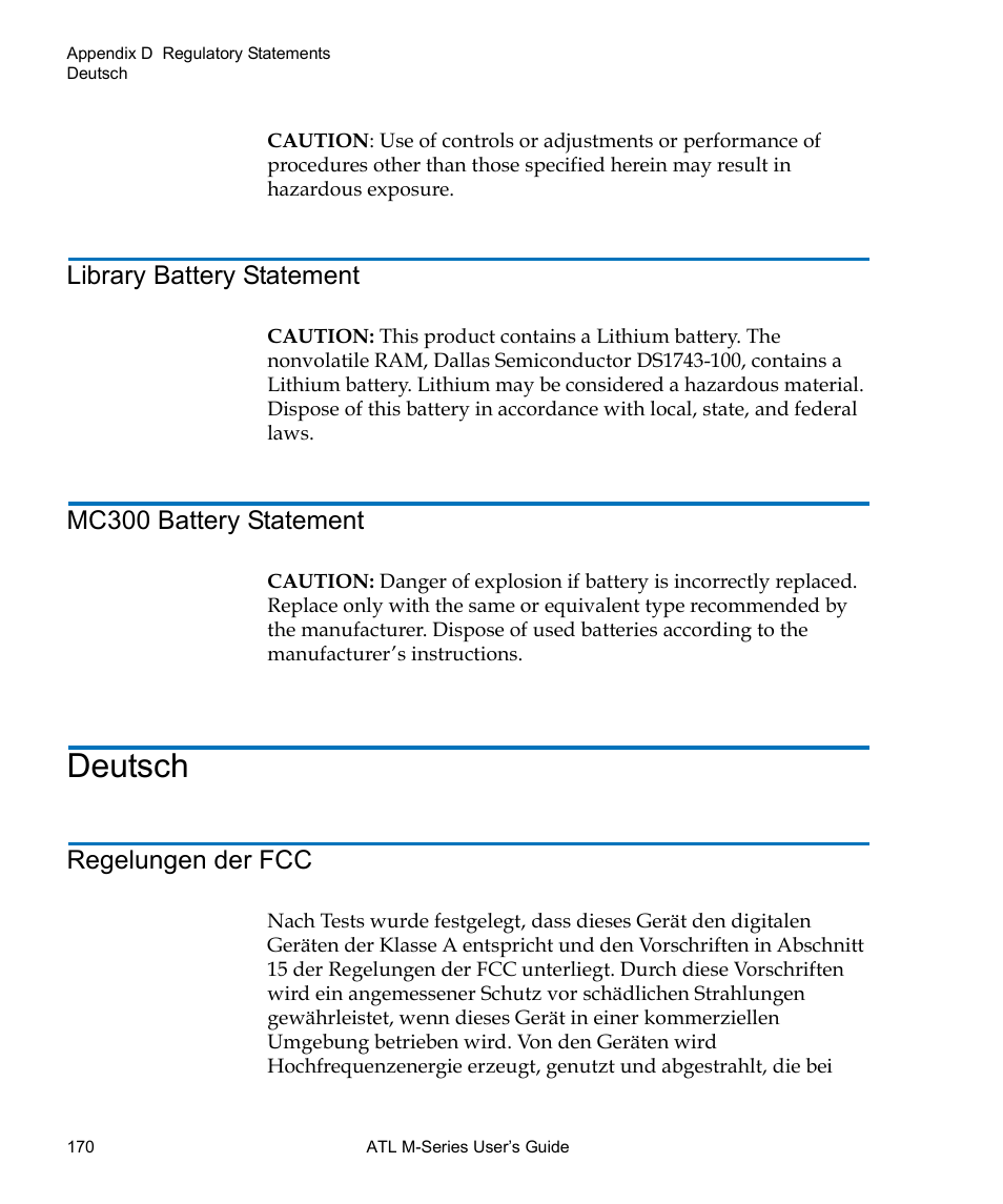 Deutsch, Library battery statement, Mc300 battery statement | Regelungen der fcc | Quantum ATL M-Series User Manual | Page 188 / 222