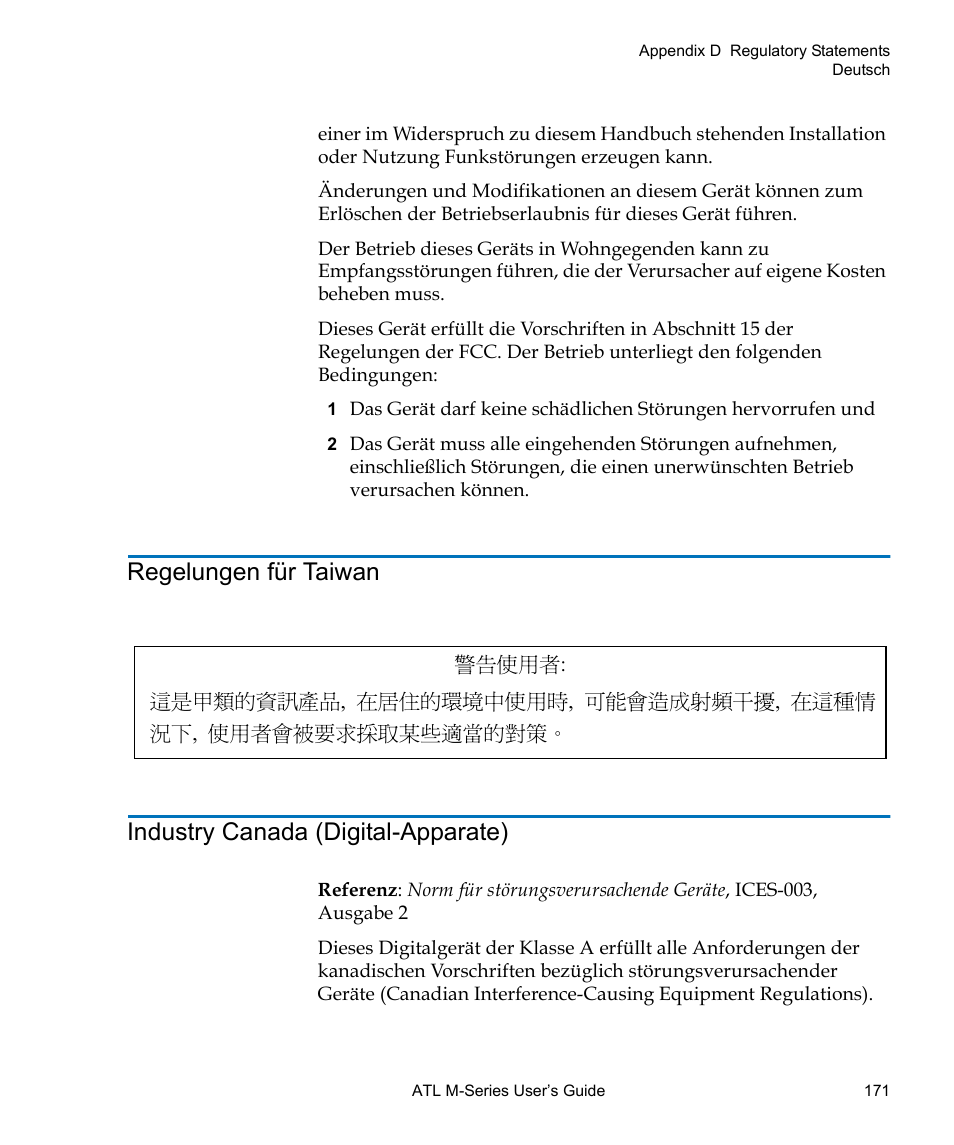 Regelungen für taiwan, Industry canada (digital-apparate) | Quantum ATL M-Series User Manual | Page 189 / 222
