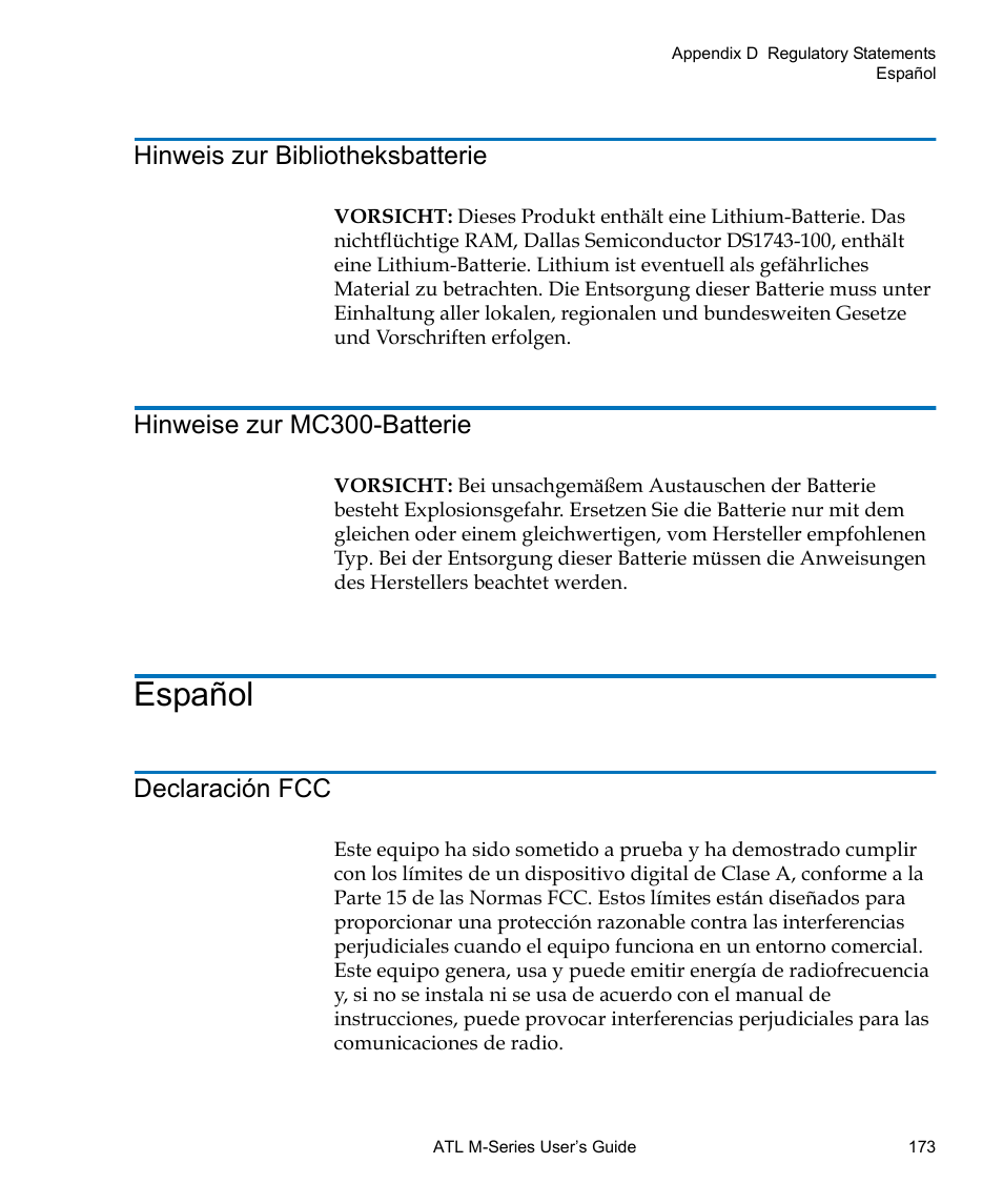 Español, Hinweis zur bibliotheksbatterie, Hinweise zur mc300-batterie | Declaración fcc | Quantum ATL M-Series User Manual | Page 191 / 222