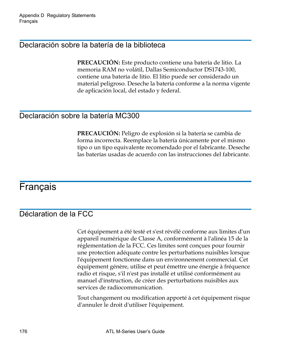 Français, Declaración sobre la batería de la biblioteca, Declaración sobre la batería mc300 | Déclaration de la fcc | Quantum ATL M-Series User Manual | Page 194 / 222