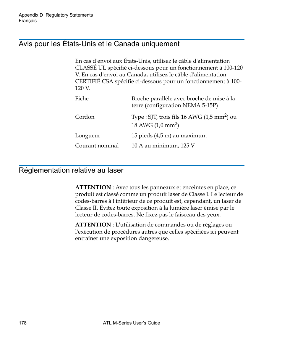 Avis pour les états-unis et le canada uniquement, Réglementation relative au laser | Quantum ATL M-Series User Manual | Page 196 / 222
