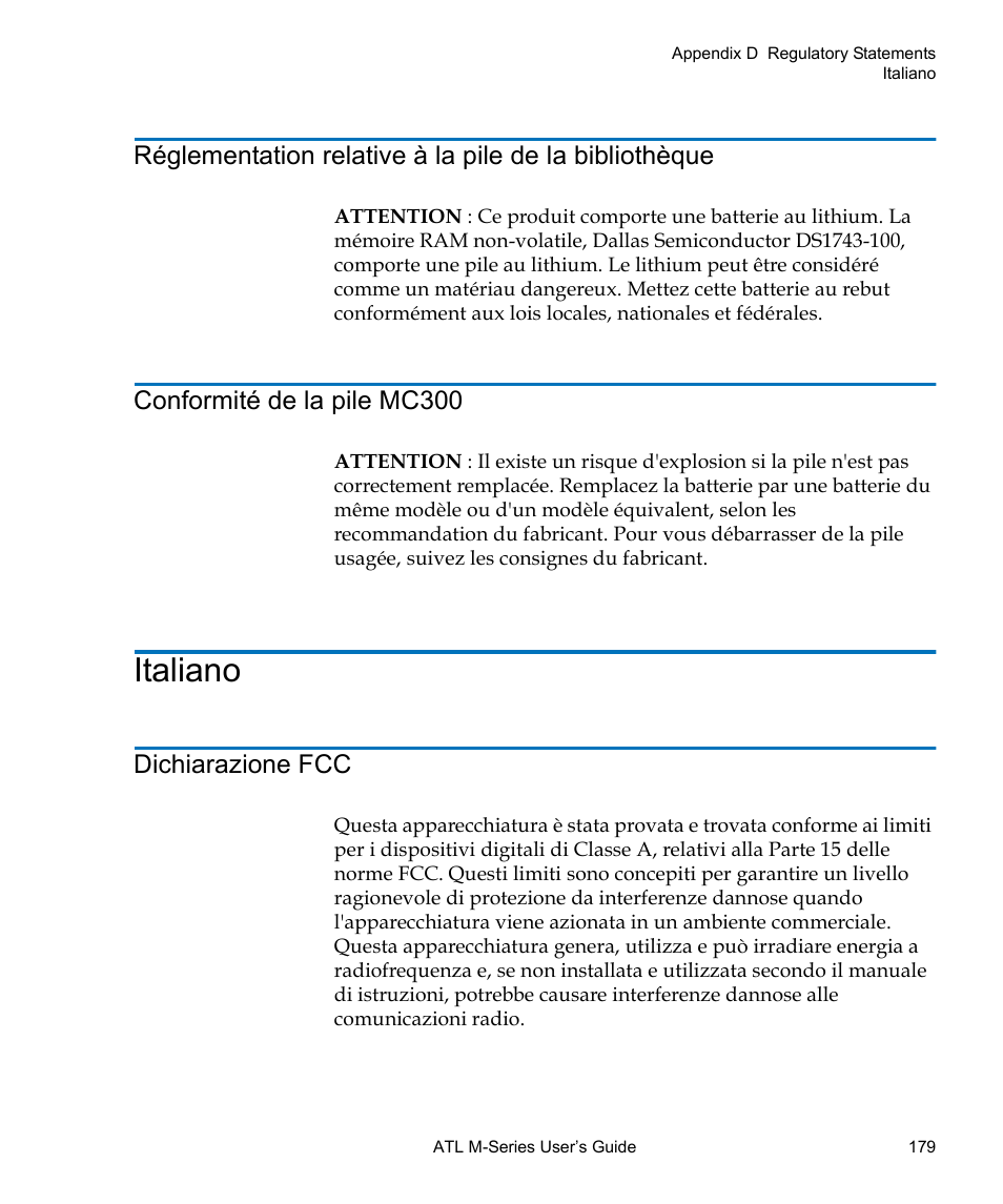 Italiano, Conformité de la pile mc300, Dichiarazione fcc | Quantum ATL M-Series User Manual | Page 197 / 222