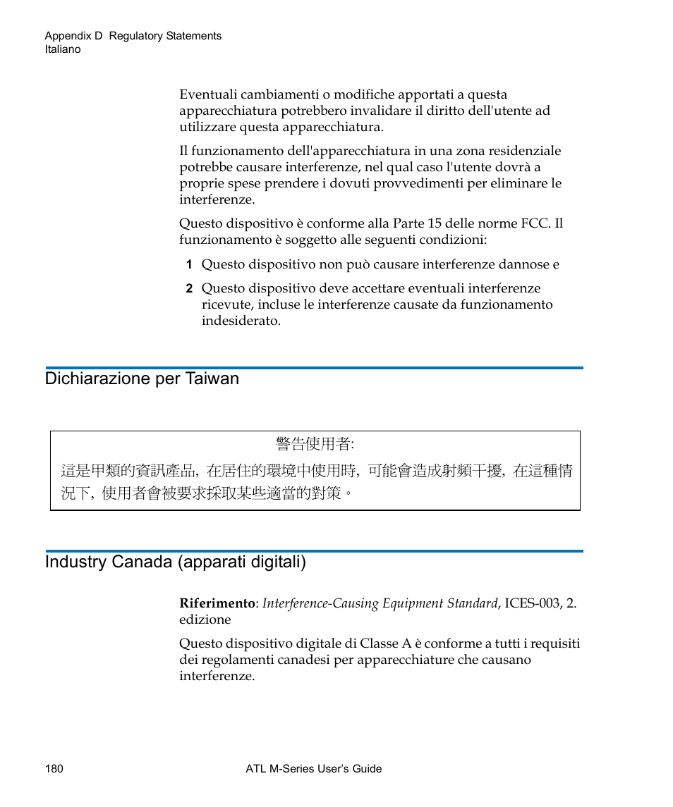 Dichiarazione per taiwan, Industry canada (apparati digitali) | Quantum ATL M-Series User Manual | Page 198 / 222