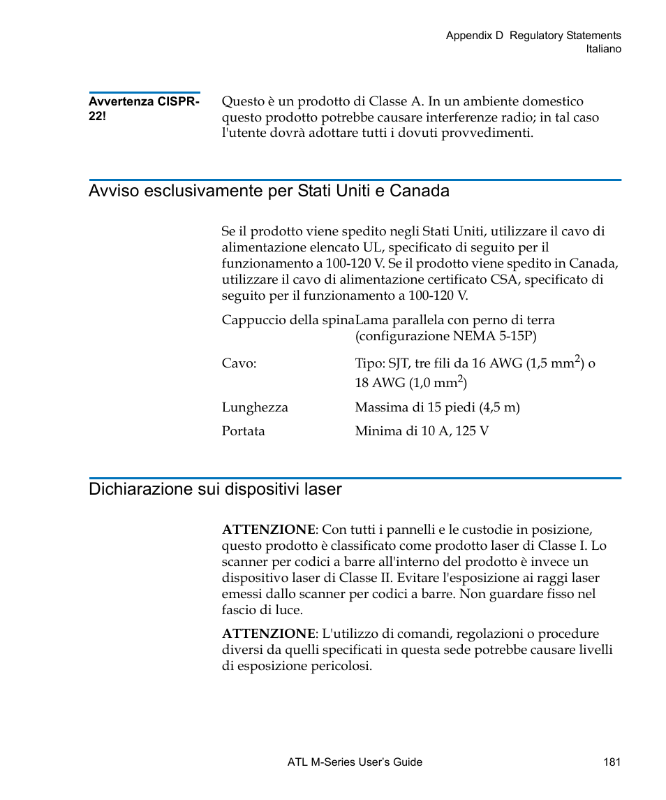 Avviso esclusivamente per stati uniti e canada, Dichiarazione sui dispositivi laser | Quantum ATL M-Series User Manual | Page 199 / 222