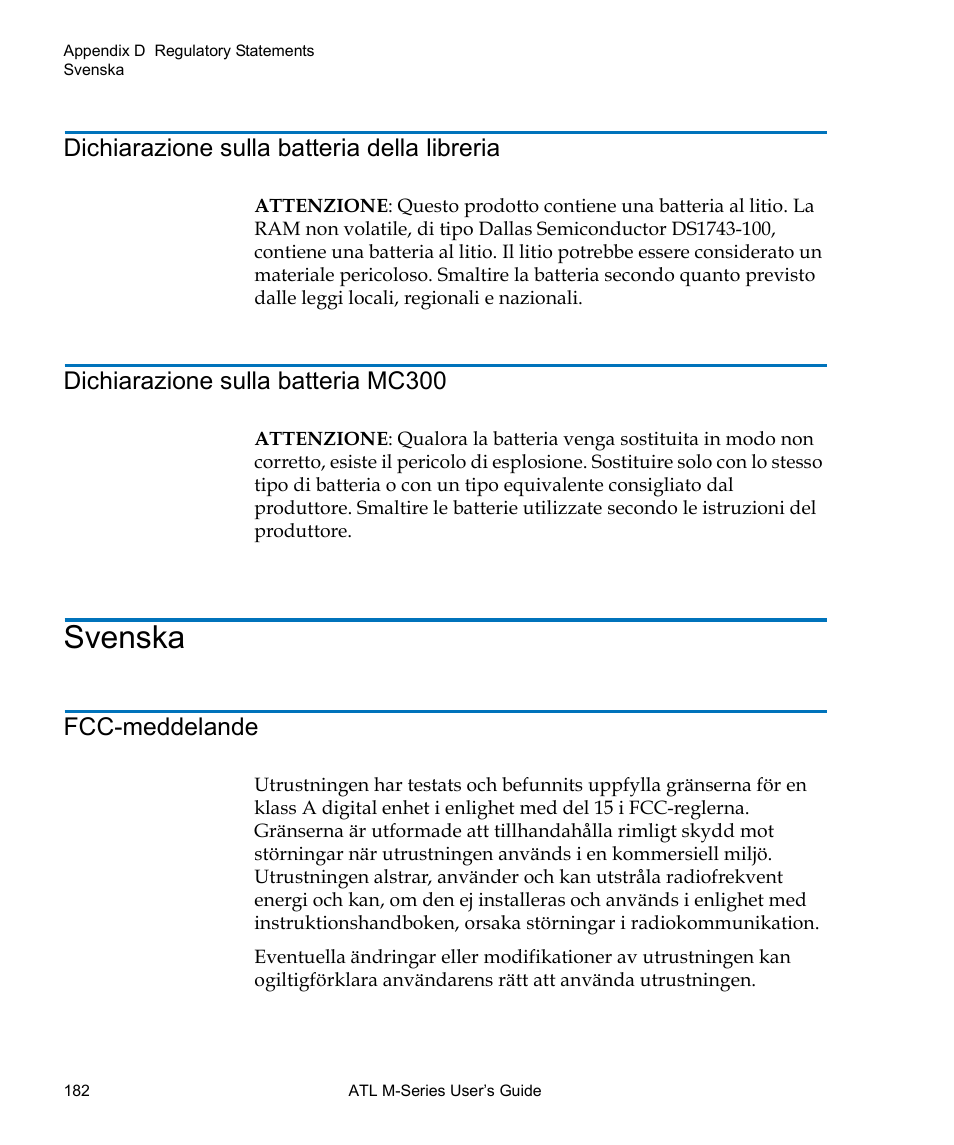 Svenska, Dichiarazione sulla batteria della libreria, Dichiarazione sulla batteria mc300 | Fcc-meddelande | Quantum ATL M-Series User Manual | Page 200 / 222