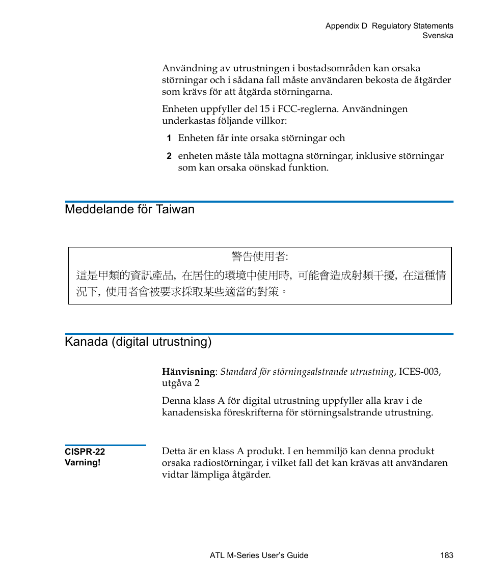 Meddelande för taiwan, Kanada (digital utrustning) | Quantum ATL M-Series User Manual | Page 201 / 222