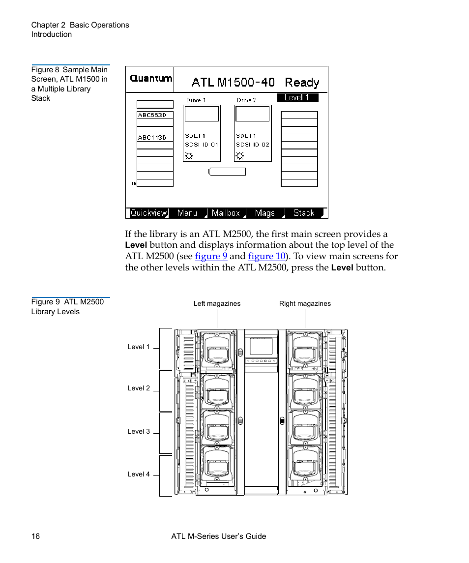 Figure 8, Sample main screen, atl m1500 in a multiple, Library stack | Figure 9, Atl m2500 library levels | Quantum ATL M-Series User Manual | Page 34 / 222