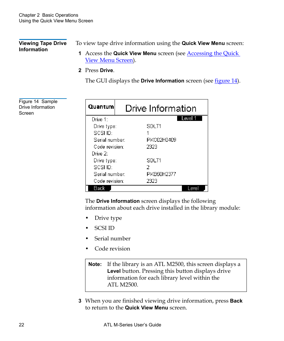 Viewing tape drive information, Figure 14 sample drive information screen | Quantum ATL M-Series User Manual | Page 40 / 222