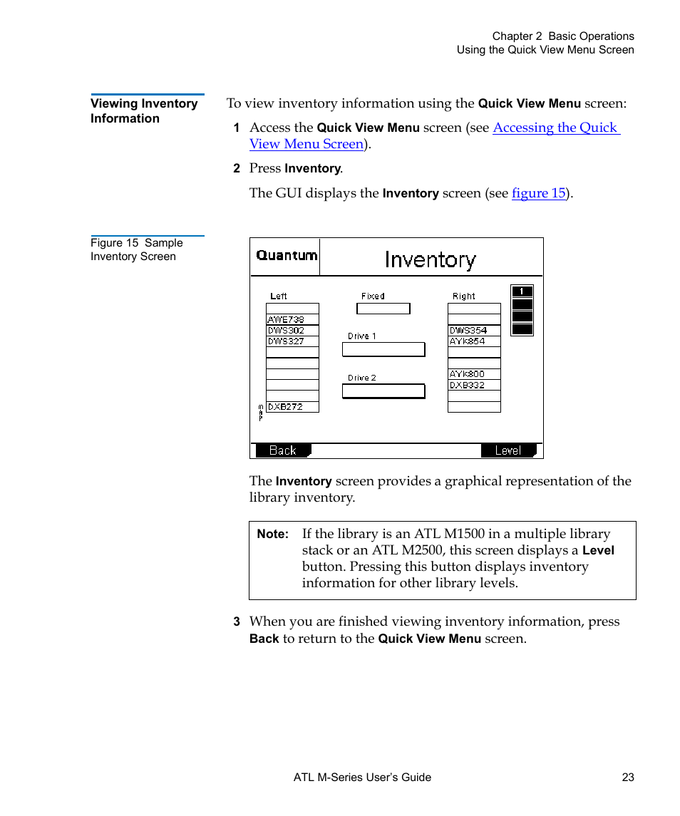 Viewing inventory information, Figure 15 sample inventory screen | Quantum ATL M-Series User Manual | Page 41 / 222