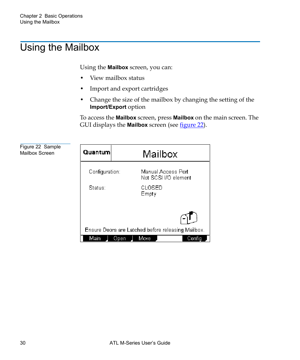 Using the mailbox, Figure 22 sample mailbox screen | Quantum ATL M-Series User Manual | Page 48 / 222