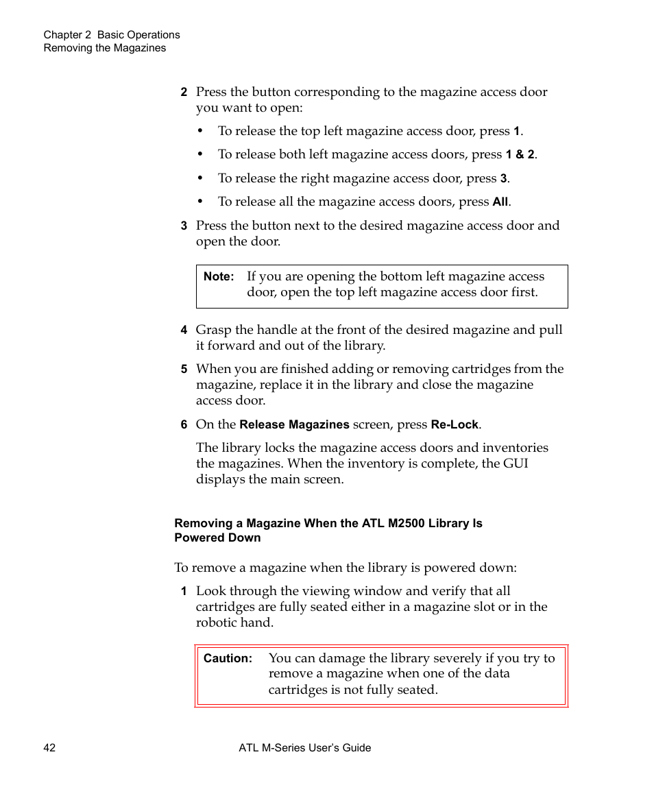 Removing a magazine when the, Atl m2500 library is powered down | Quantum ATL M-Series User Manual | Page 60 / 222