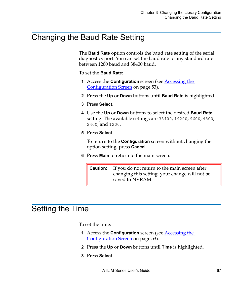 Changing the baud rate setting, Setting the time | Quantum ATL M-Series User Manual | Page 85 / 222