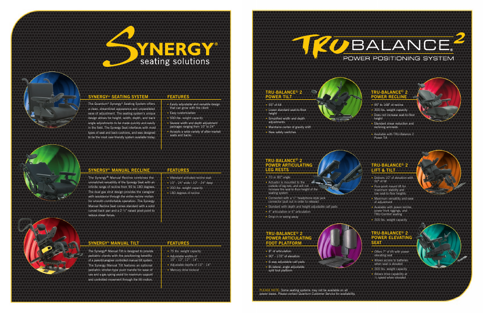 Synergy, Seating system, Tru-balance | 2power tilt, 2power recline, 2power articulating foot platform, 2power articulating leg rests, 2lift & tilt, Features synergy, Manual recline features synergy | Quantum Synergy Mobility Scooter User Manual | Page 2 / 2