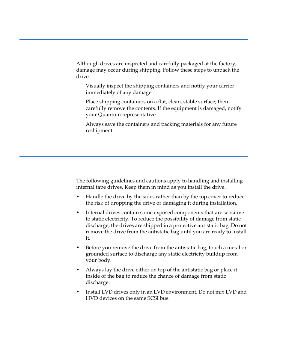 Unpacking and inspection, Internal tape drive guidelines and cautions | Quantum LTO-2 User Manual | Page 20 / 94
