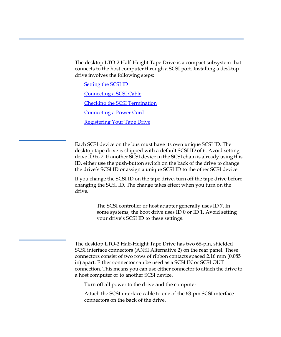 Installing a desktop lto-2 half-height tape drive, Setting the scsi id, Connecting a scsi cable | Quantum LTO-2 User Manual | Page 30 / 94
