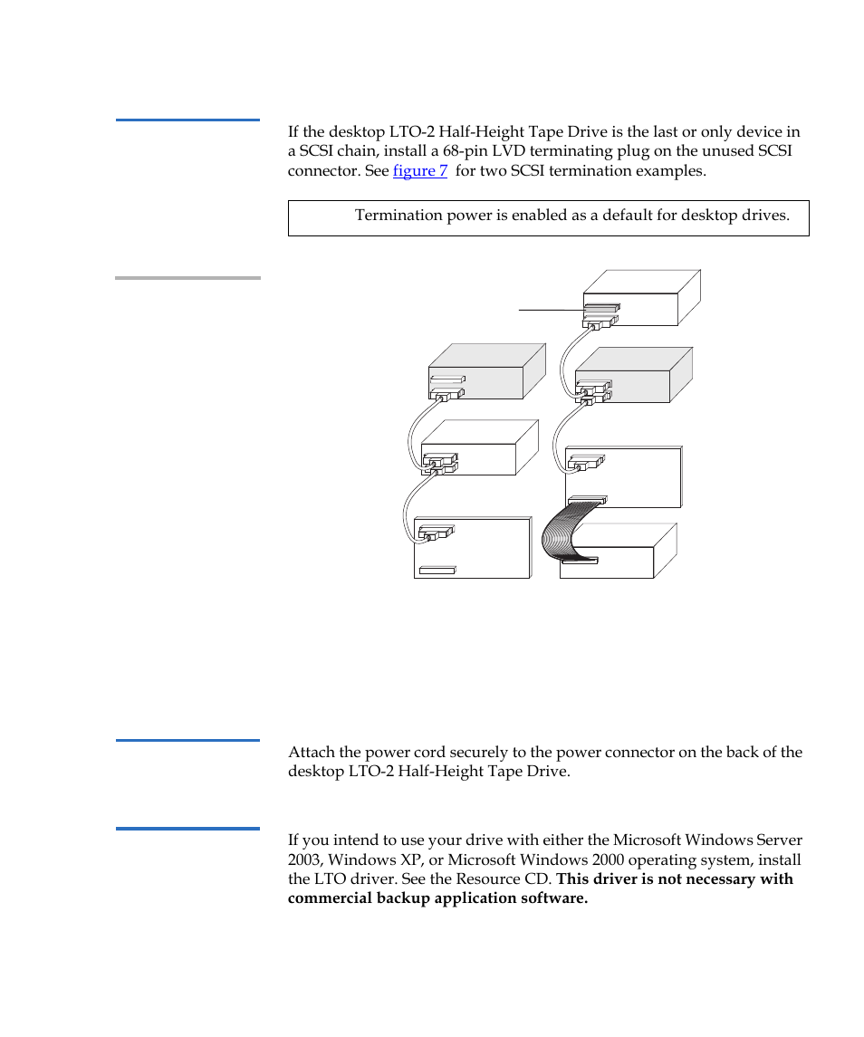 Checking the scsi termination, Connecting a power cord, Installing the lto driver | Figure 7, Height tape drive | Quantum LTO-2 User Manual | Page 31 / 94