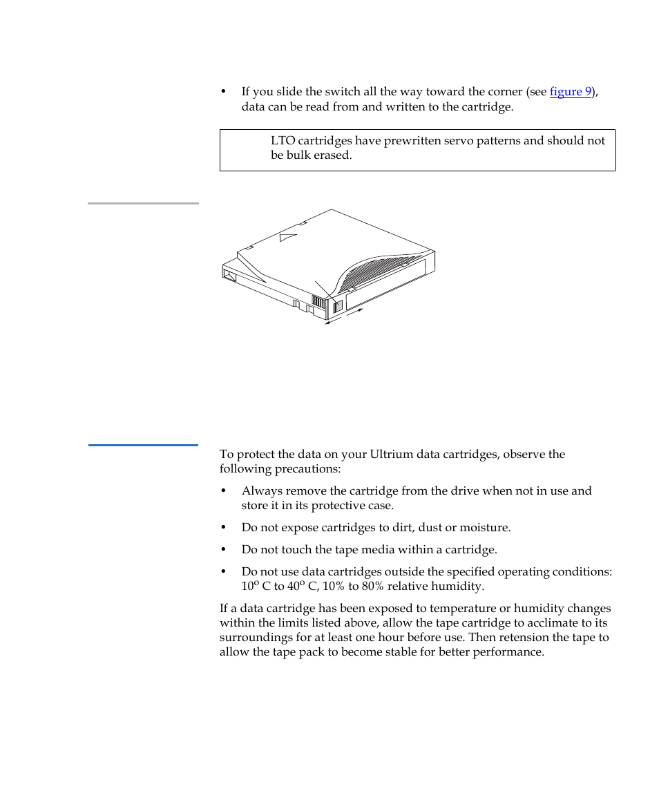 Cartridge care and maintenance, Figure 9, Ultrium cartridge showing write-protect switch | Quantum LTO-2 User Manual | Page 37 / 94