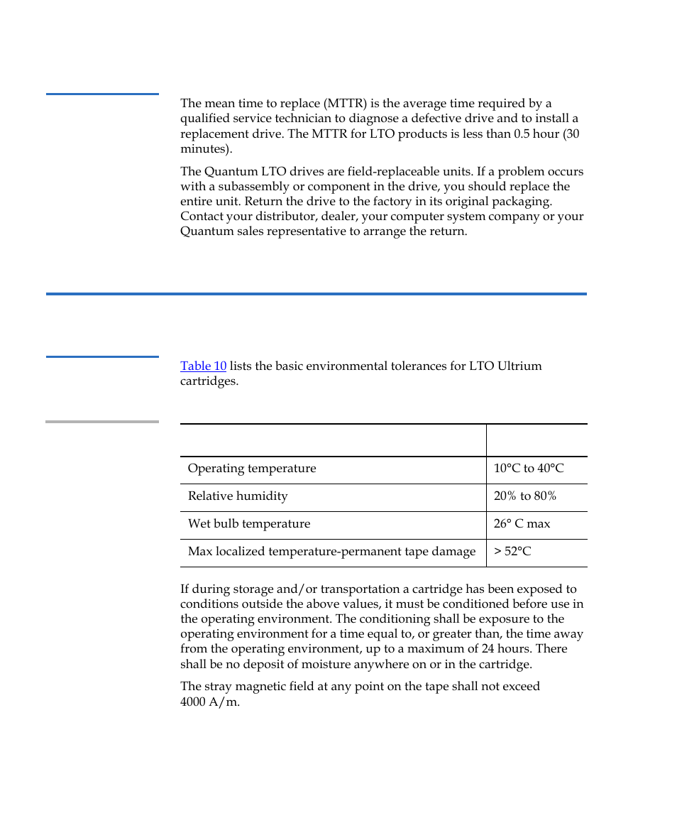 Mean time to replace, Lto cartridge specifications, Environmental considerations | Table 10, Environmental tolerances | Quantum LTO-2 User Manual | Page 58 / 94