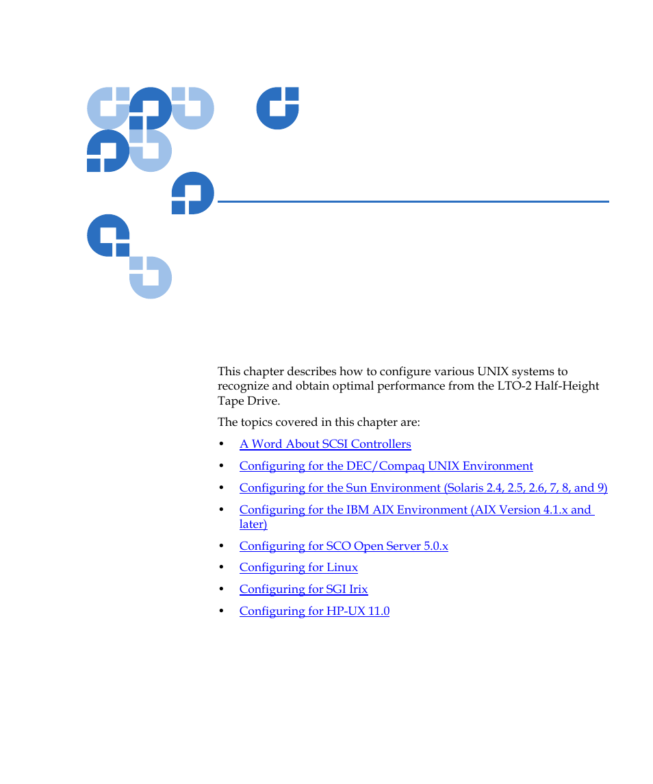 Unix settings, Chapter 6, Chapter 6, unix settings | Quantum LTO-2 User Manual | Page 63 / 94