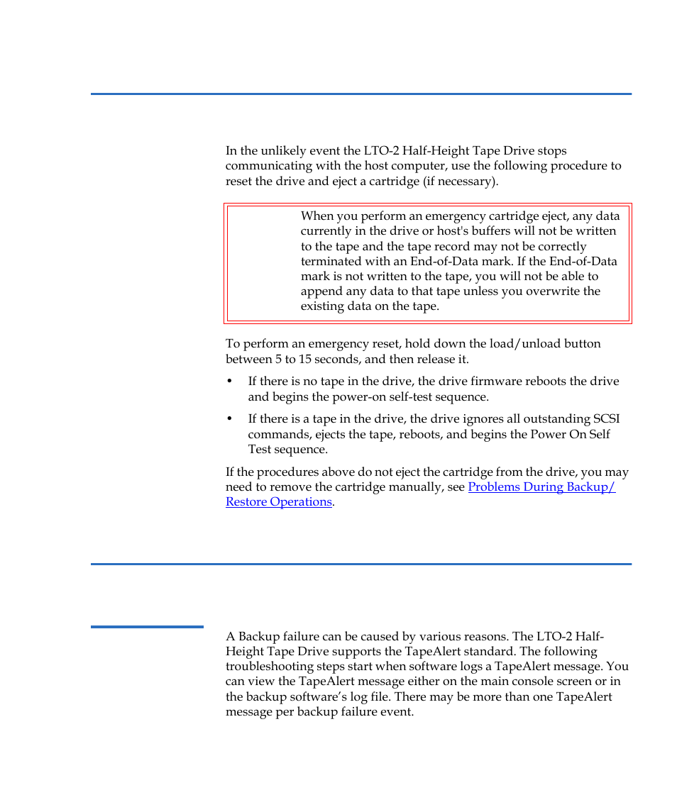 Emergency reset and emergency cartridge eject, Problems during backup/restore operations, Backup failures | Quantum LTO-2 User Manual | Page 85 / 94