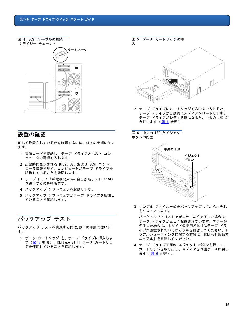 設置の確認, バックアップ テスト | Quantum DLT-S4 User Manual | Page 15 / 22