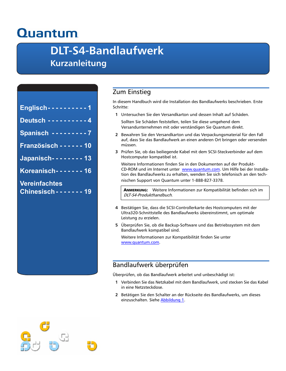 Kurzanleitung, Zum einstieg, Bandlaufwerk überprüfen | Dlt-s4-bandlaufwerk | Quantum DLT-S4 User Manual | Page 4 / 22