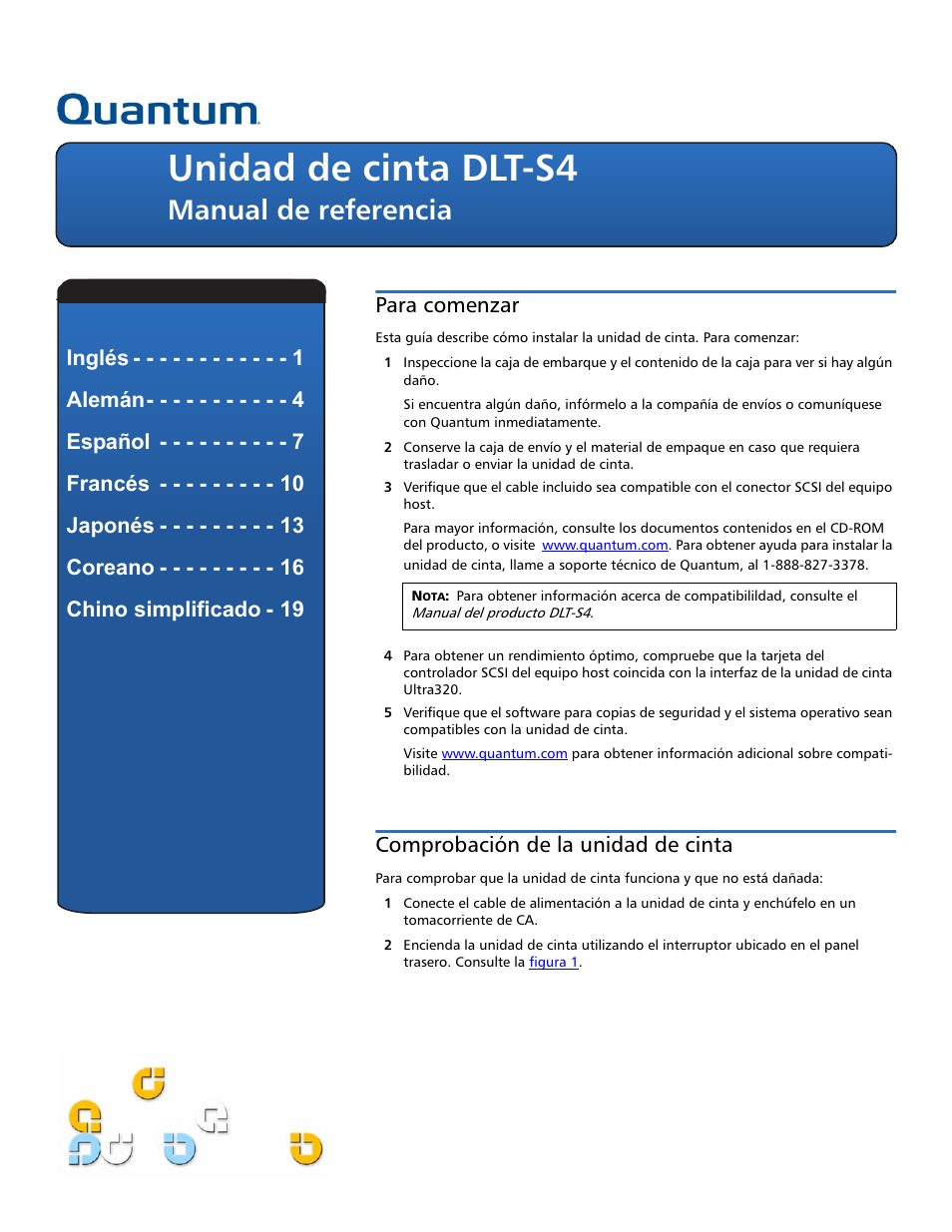 Manual de referencia, Para comenzar, Comprobación de la unidad de cinta | Unidad de cinta dlt-s4 | Quantum DLT-S4 User Manual | Page 7 / 22