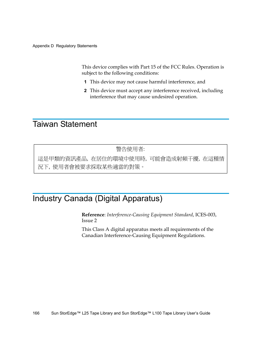 Taiwan statement, Industry canada (digital apparatus) | Quantum Sun StorEdge L100 User Manual | Page 182 / 192