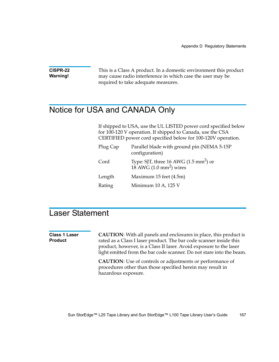 Notice for usa and canada only, Laser statement | Quantum Sun StorEdge L100 User Manual | Page 183 / 192