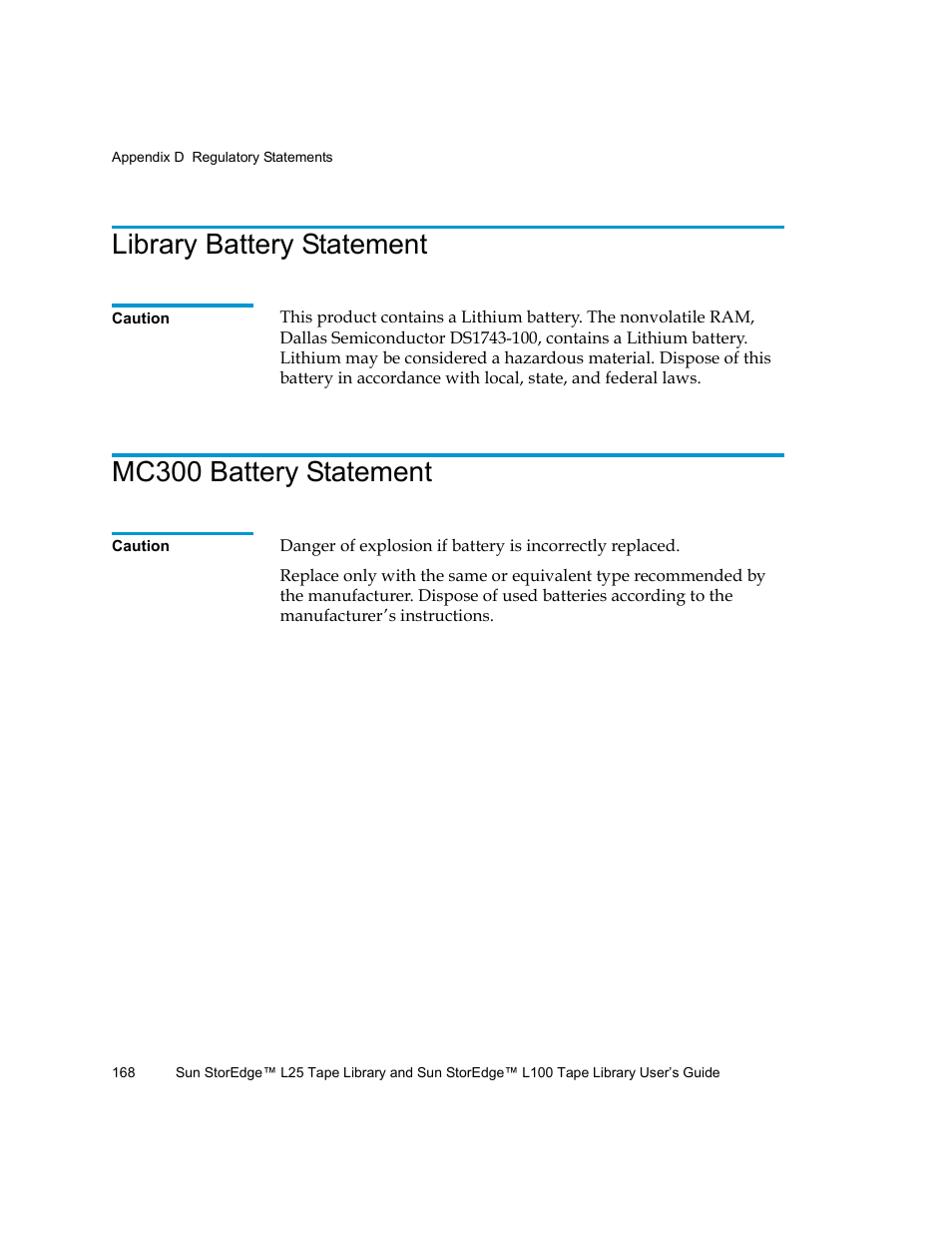 Library battery statement, Mc300 battery statement | Quantum Sun StorEdge L100 User Manual | Page 184 / 192