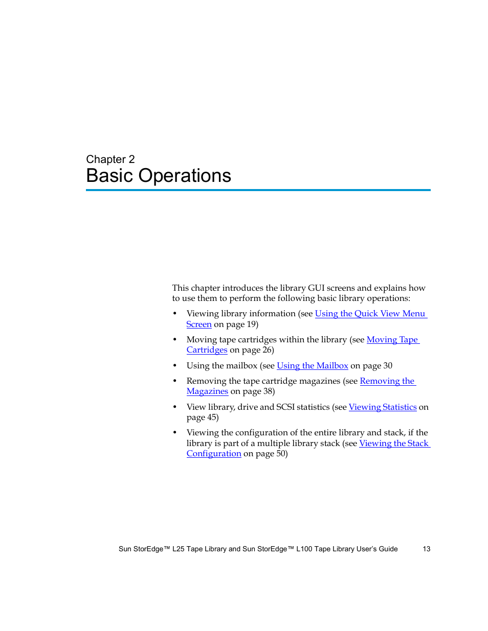 Basic operations, Chapter 2, Chapter 2, basic operations | Quantum Sun StorEdge L100 User Manual | Page 29 / 192