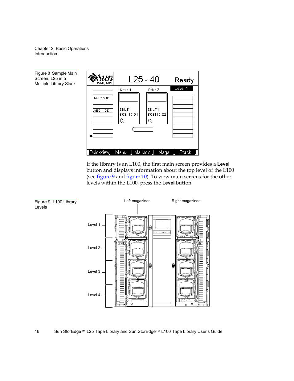 Figure 8, Sample main screen, l25 in a, Multiple library stack | Figure 9, L100 library levels | Quantum Sun StorEdge L100 User Manual | Page 32 / 192