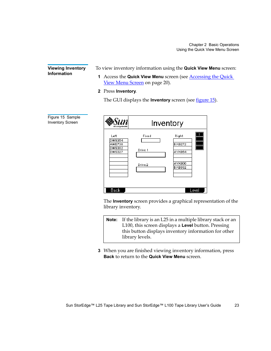 Viewing inventory information, Figure 15 sample inventory screen | Quantum Sun StorEdge L100 User Manual | Page 39 / 192
