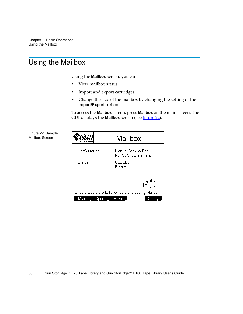 Using the mailbox, Figure 22 sample mailbox screen | Quantum Sun StorEdge L100 User Manual | Page 46 / 192