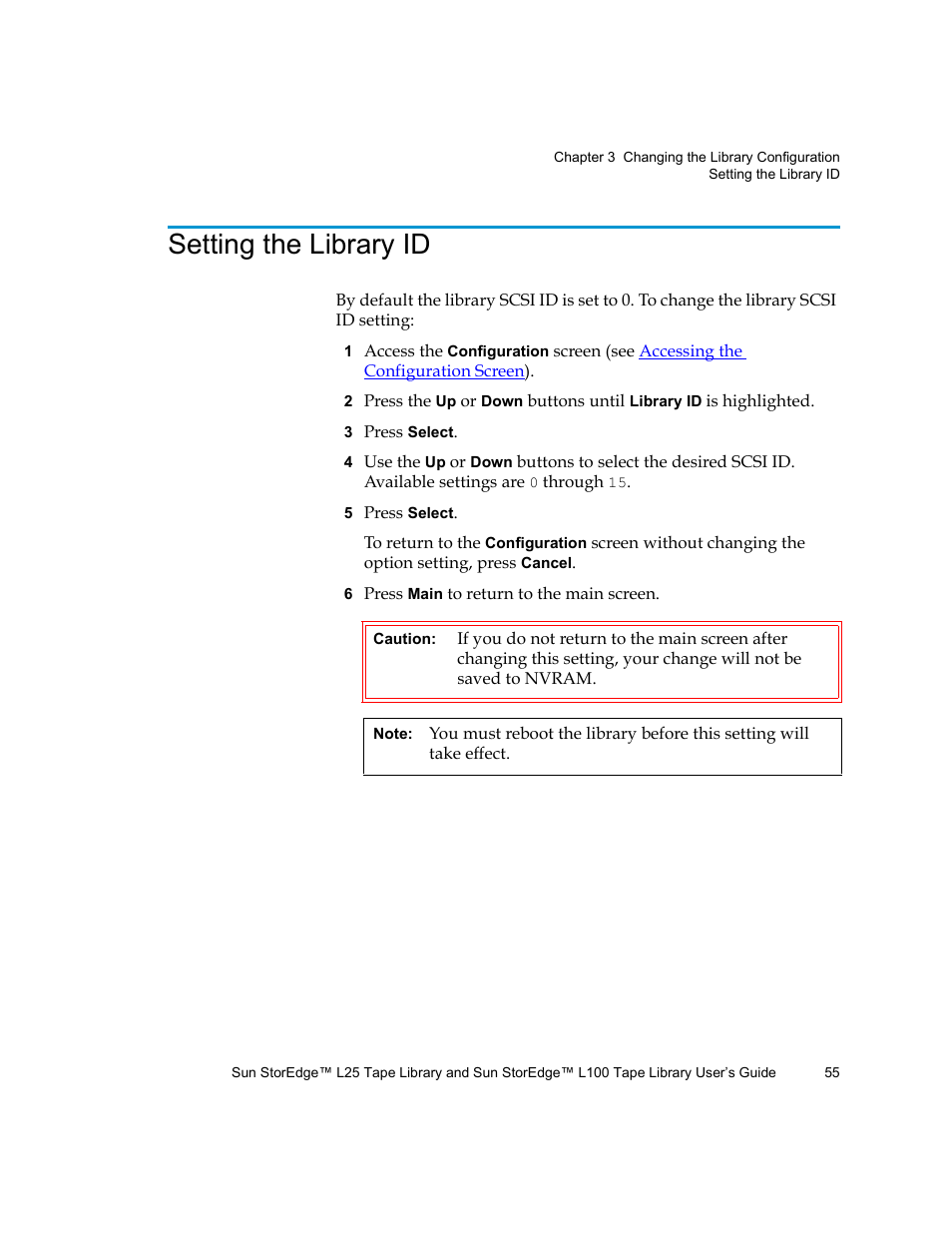 Setting the library id | Quantum Sun StorEdge L100 User Manual | Page 71 / 192
