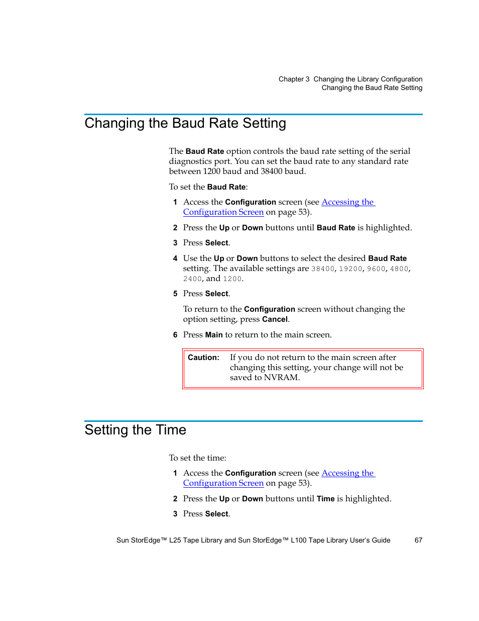 Changing the baud rate setting, Setting the time | Quantum Sun StorEdge L100 User Manual | Page 83 / 192