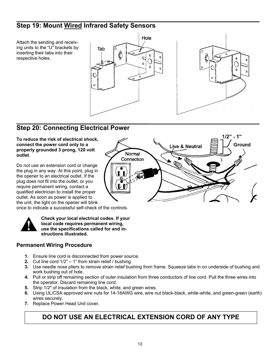 Step 19: mount wired infrared safety sensors, Step 20: connecting electrical power | Quantum 3316 User Manual | Page 13 / 32
