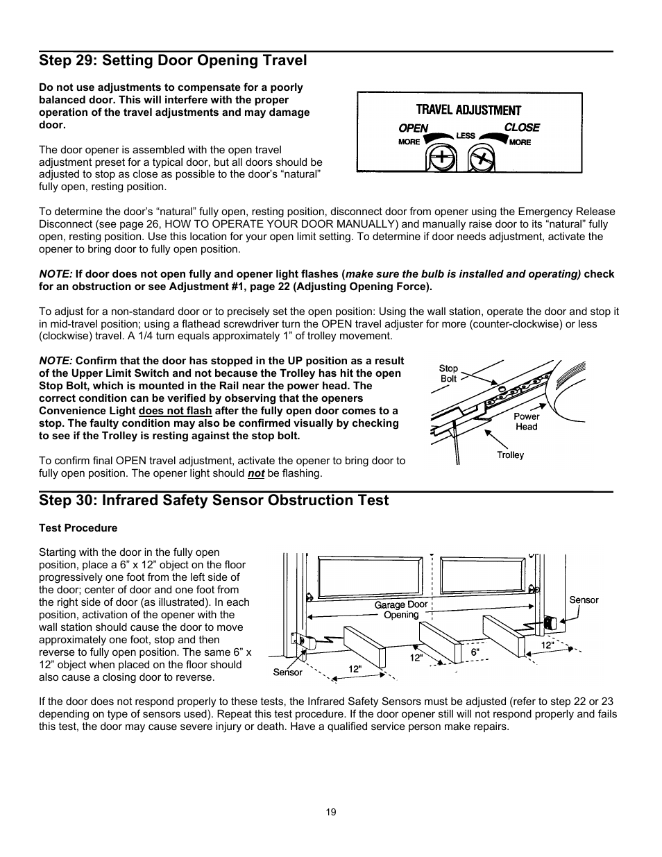 Step 29: setting door opening travel, Step 30: infrared safety sensor obstruction test | Quantum 3316 User Manual | Page 19 / 32