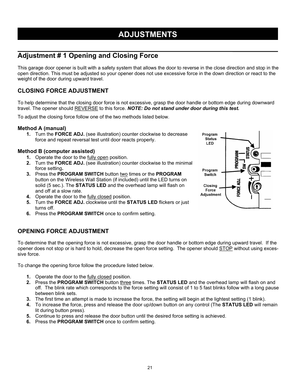 Adjustments, Adjustment # 1 opening and closing force | Quantum 3316 User Manual | Page 21 / 32