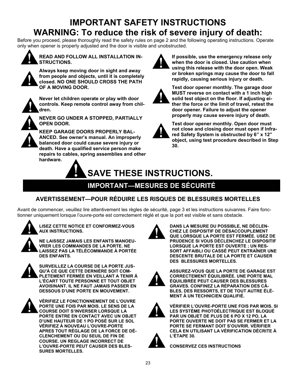 Save these instructions, Important—mesures de sécurité | Quantum 3316 User Manual | Page 23 / 32