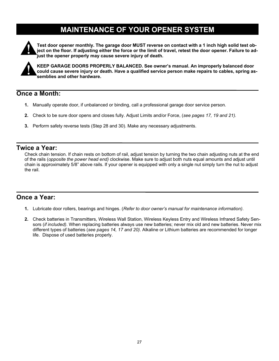Maintenance of your opener system, Once a month, Twice a year | Once a year | Quantum 3316 User Manual | Page 27 / 32