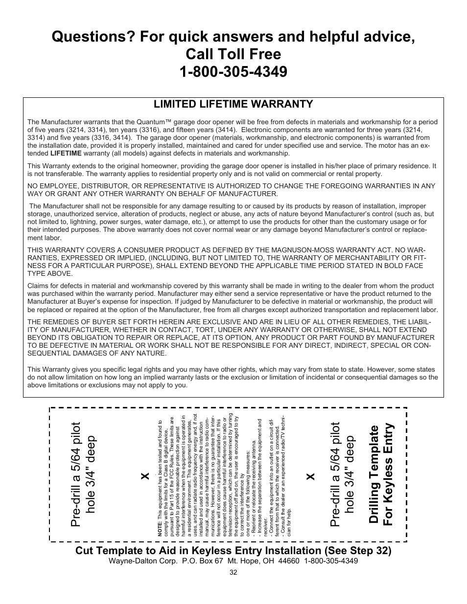 Drilling template for keyless ent ry, Limited lifetime warranty | Quantum 3316 User Manual | Page 32 / 32