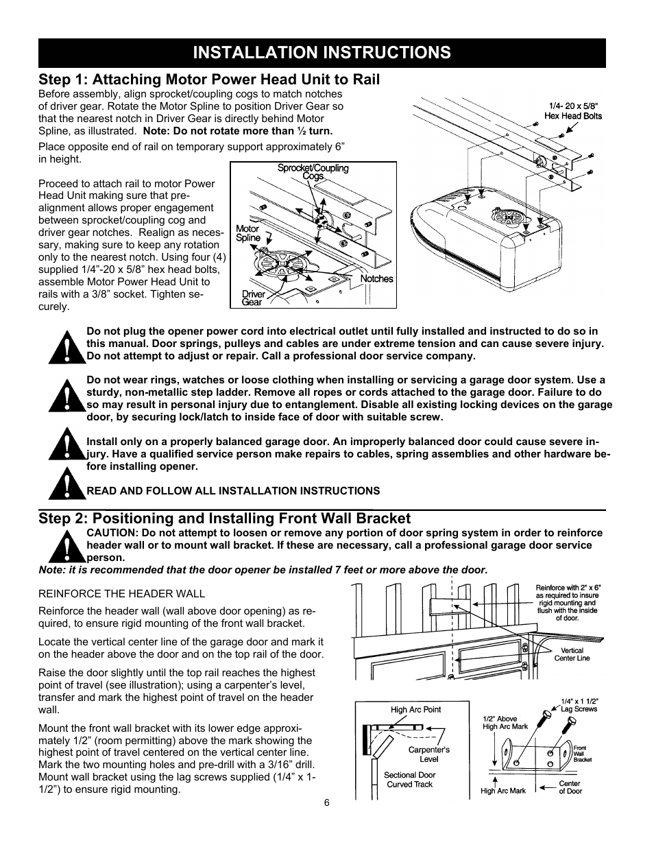 Installation instructions, Step 1: attaching motor power head unit to rail | Quantum 3316 User Manual | Page 6 / 32
