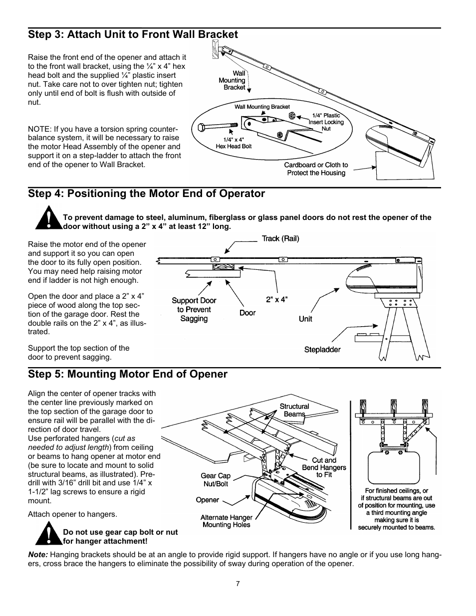 Step 3: attach unit to front wall bracket, Step 4: positioning the motor end of operator, Step 5: mounting motor end of opener | Quantum 3316 User Manual | Page 7 / 32