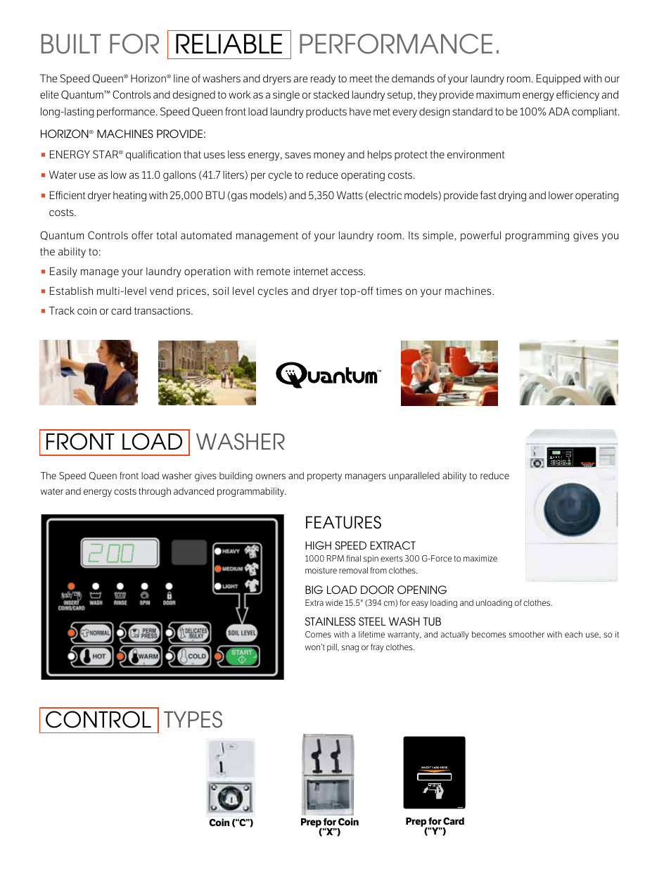 Built for reliable performance, Front load washer, Control types | Features | Quantum SPEED QUEEN SFNLCFS User Manual | Page 2 / 4